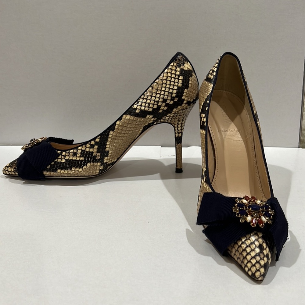 J. Crew snakeskin print bejeweled 3.5” heels